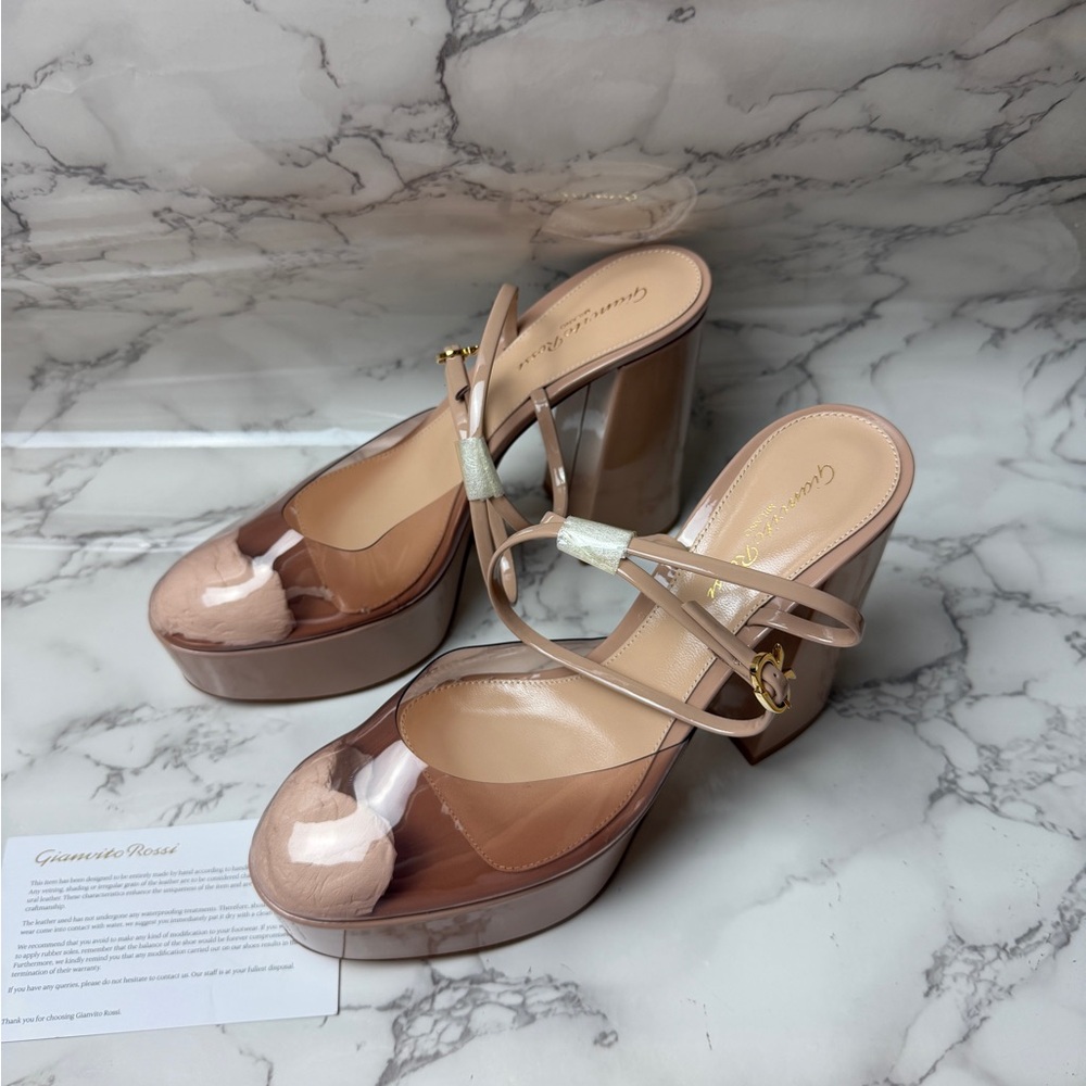 Women’s Gianvito DUA 70 Plexi Peach Patent & Vinyl Platform Pump EU Size 39